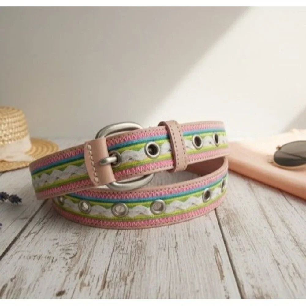 Vintage Izod Pastel Ribbon Leather Belt Pink Rickrack Y2K Preppy 2000s Size M